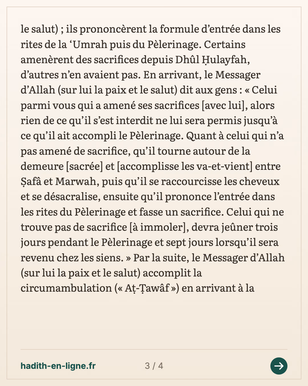 Le Pèlerinage d'adieu : la 'oumra suivie du Pèlerinage et les offrandes de Dhoul-Houlayfa — Rapporté par Al-Bukhârî et Muslim dans ses deux versions — carte 3 sur 4