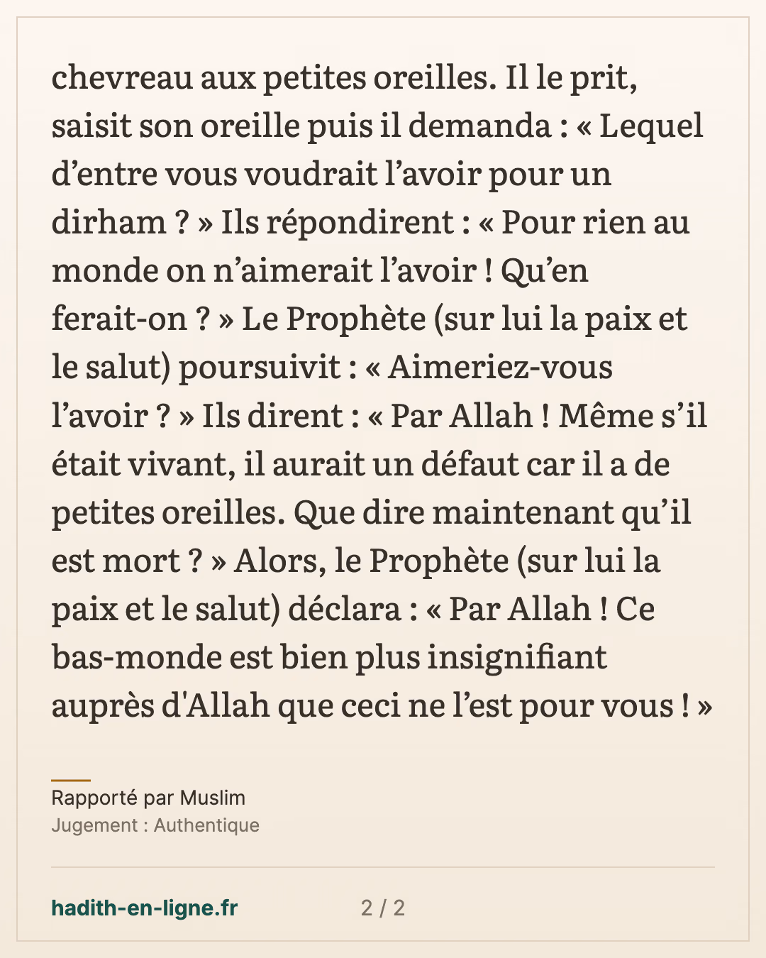 Le chevreau mort au marché : ce bas-monde auprès d'Allah — Rapporté par Muslim — carte 2 sur 2