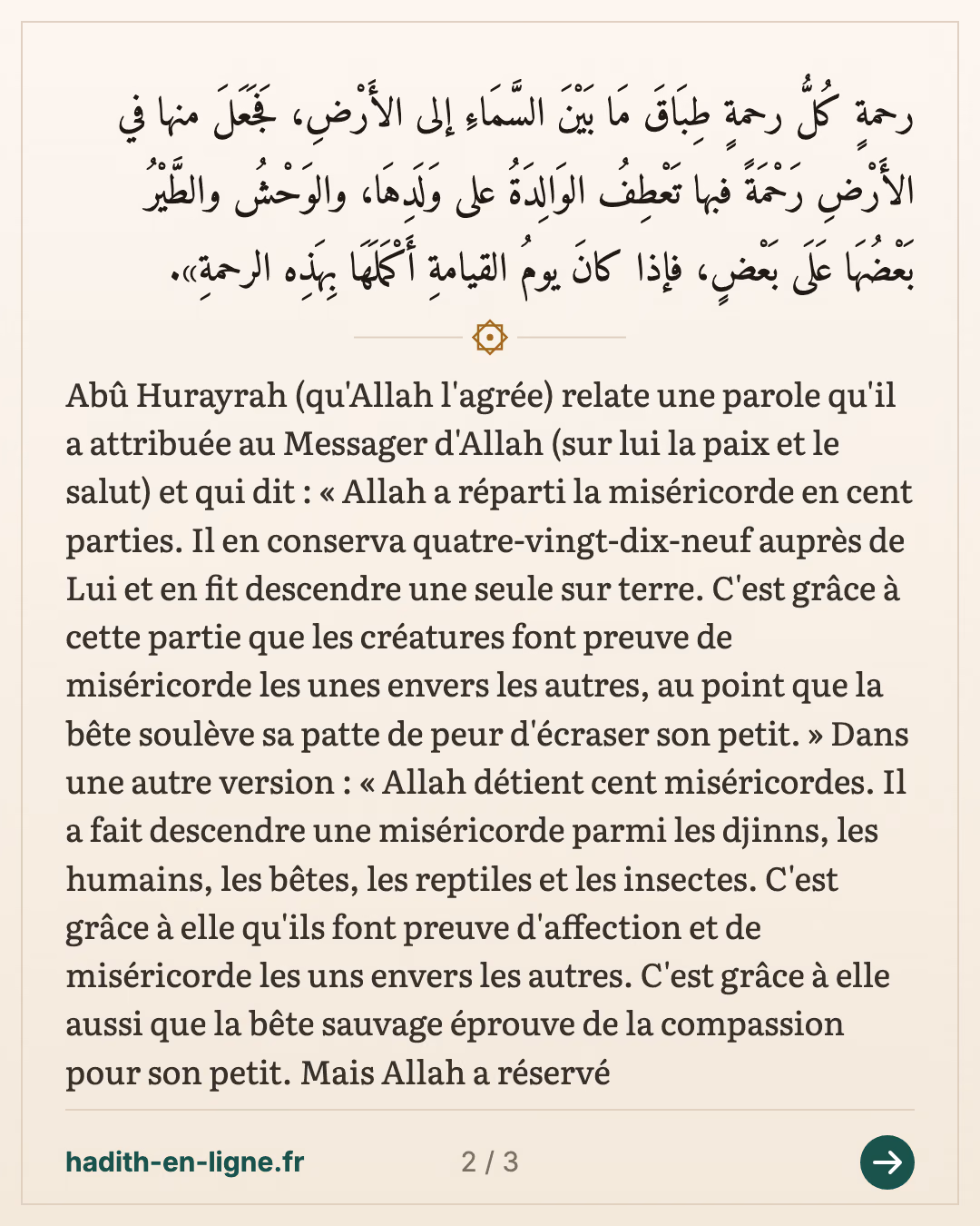 Allah a réparti la miséricorde en cent parties — Rapporté par Muslim - Rapporté par Al-Bukhârî et Muslim — carte 2 sur 3