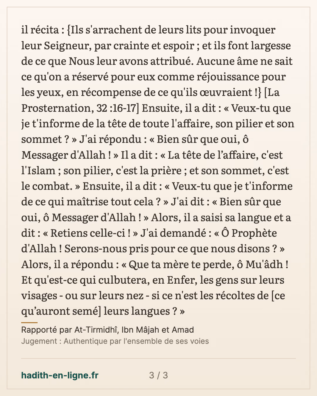 Mou'adh : l'œuvre qui fait entrer au Paradis et éloigne du Feu — Rapporté par At-Tirmidhî, Ibn Mâjah et Amad — carte 3 sur 3