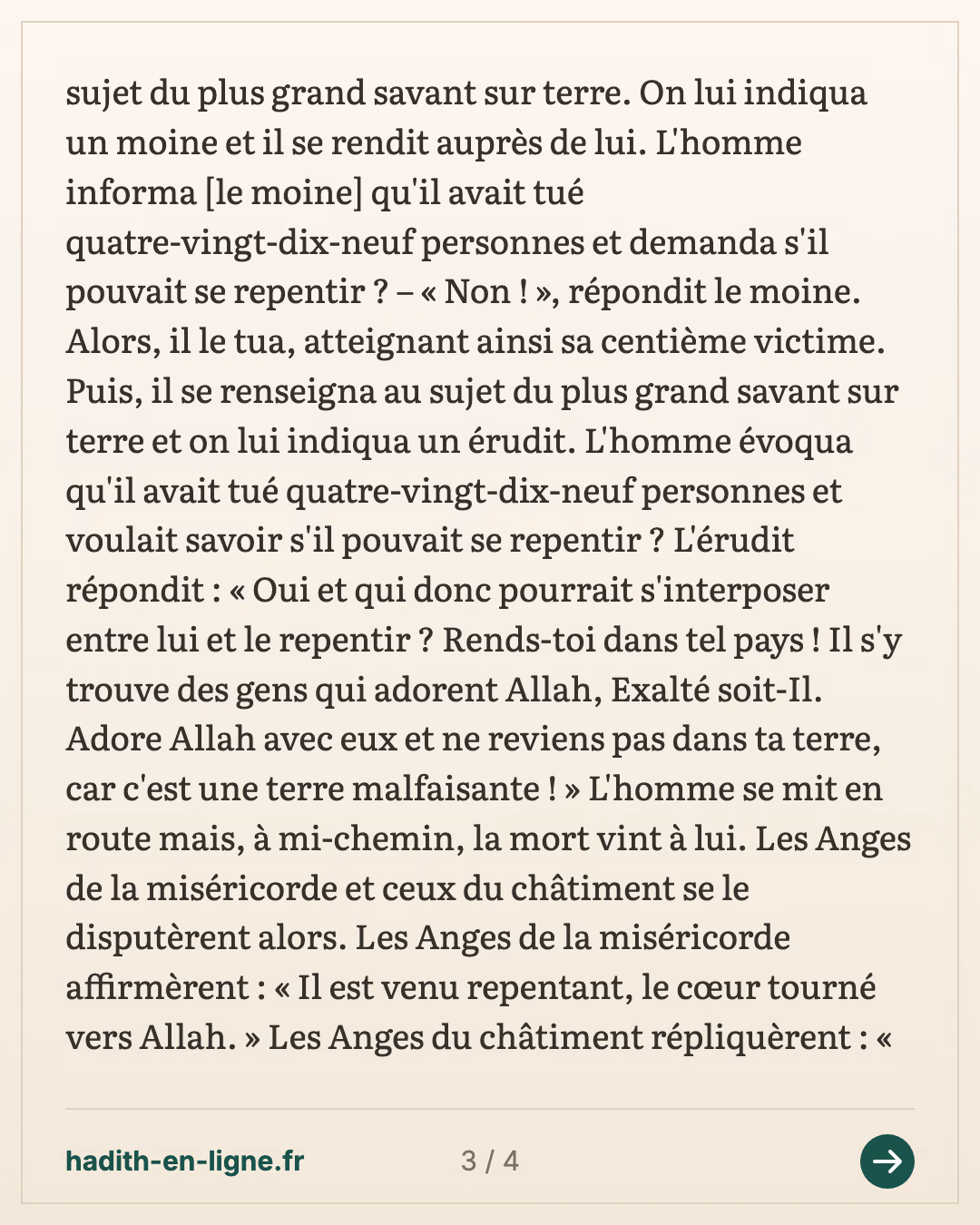 L'homme qui avait tué quatre-vingt-dix-neuf personnes et le moine — Rapporté par Al-Bukhârî et Muslim — carte 3 sur 4