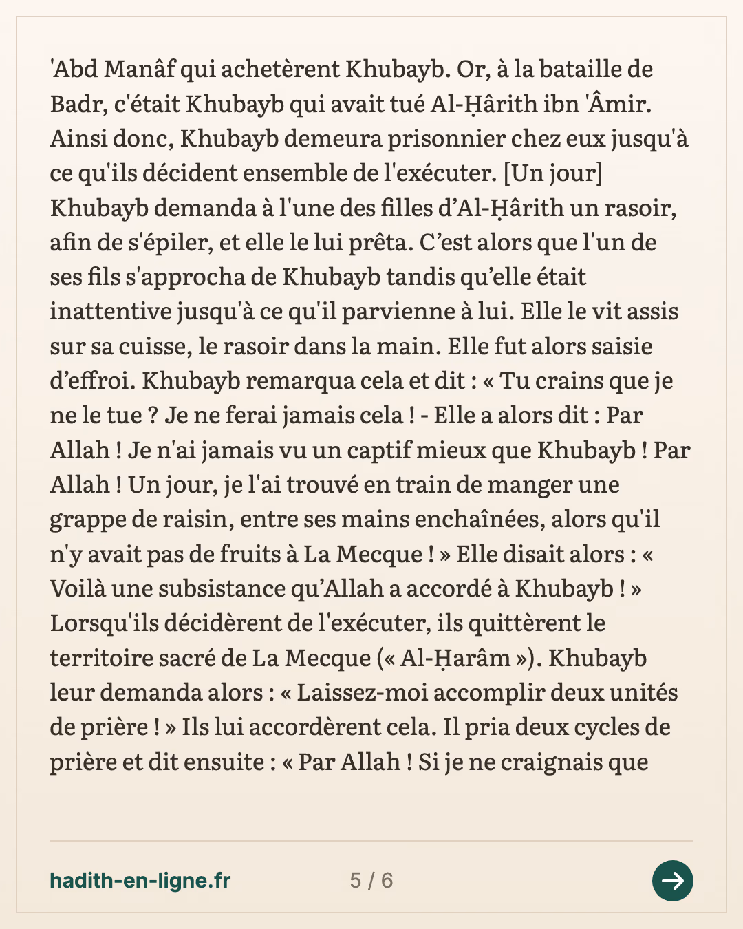 Les dix hommes envoyés en mission sous la conduite de 'Asim ibn Thabit — Rapporté par Al-Bûkhârî — carte 5 sur 6