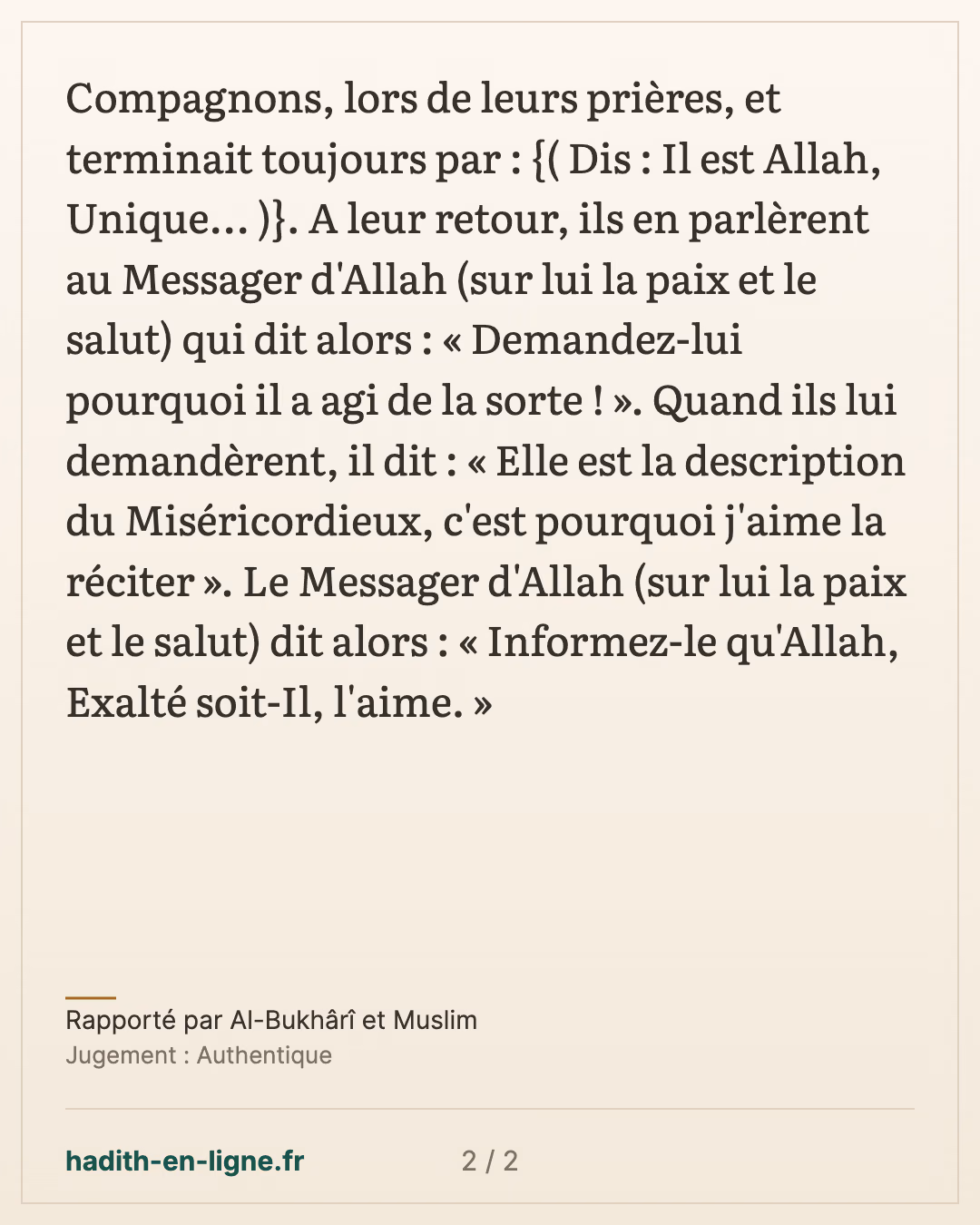 Le chef d'expédition qui terminait par « Dis : Il est Allah, Unique » — Rapporté par Al-Bukhârî et Muslim — carte 2 sur 2