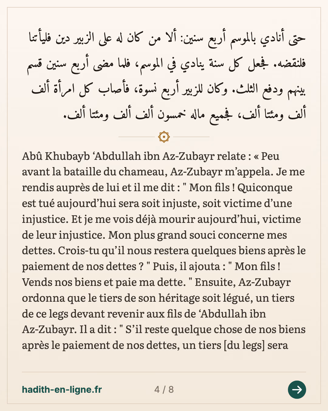 Le décès d'az-Zoubayr ibn al-'Awwam et le remboursement de ses dettes — Rapporté par Al-Bûkhârî — carte 4 sur 8