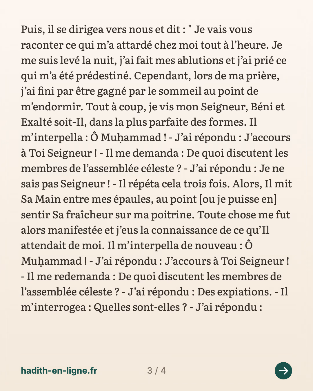 Mou'adh : la prière de l'aube retardée, puis « Restez à vos places » — Rapporté par At-Tirmidhî - Rapporté par Aḥmad — carte 3 sur 4