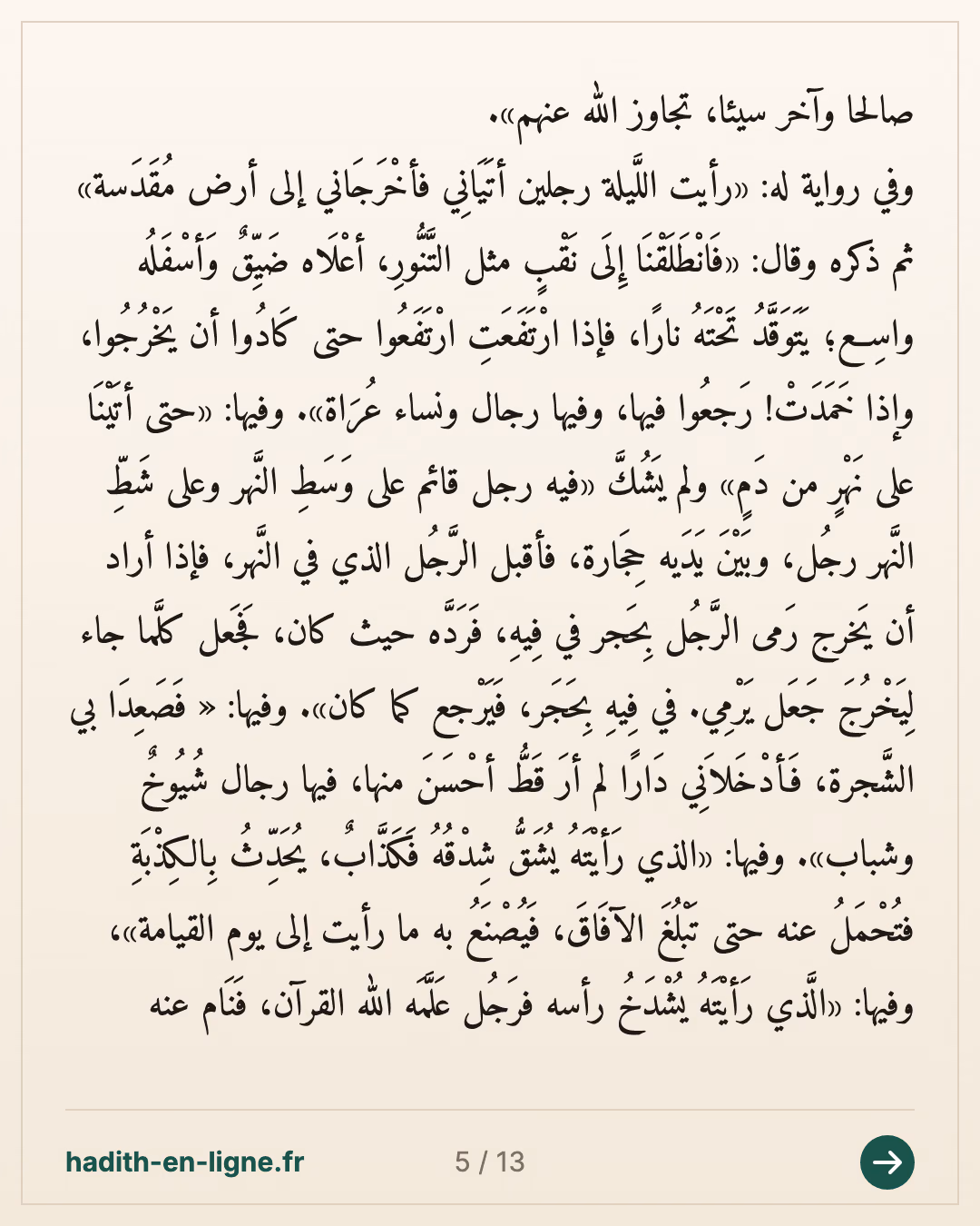 « L'un d'entre vous a-t-il fait un rêve ? » : le long rêve du Prophète ﷺ — Rapporté par Al-Bûkhârî — carte 5 sur 13