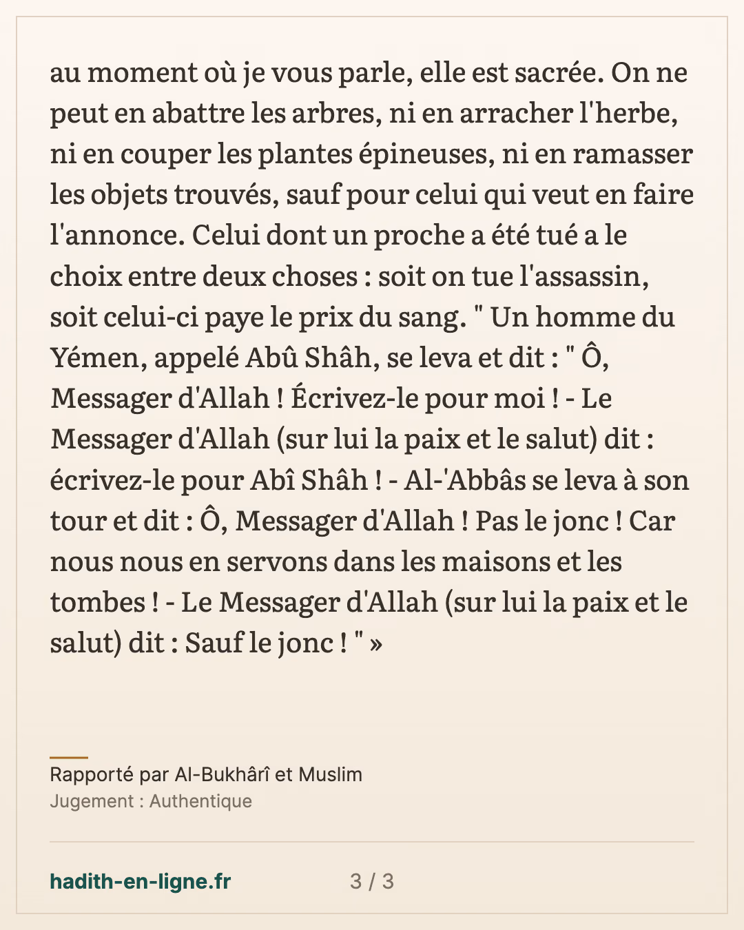 La conquête de La Mecque : le sermon après le meurtre d'un homme des Banou Layth — Rapporté par Al-Bukhârî et Muslim — carte 3 sur 3