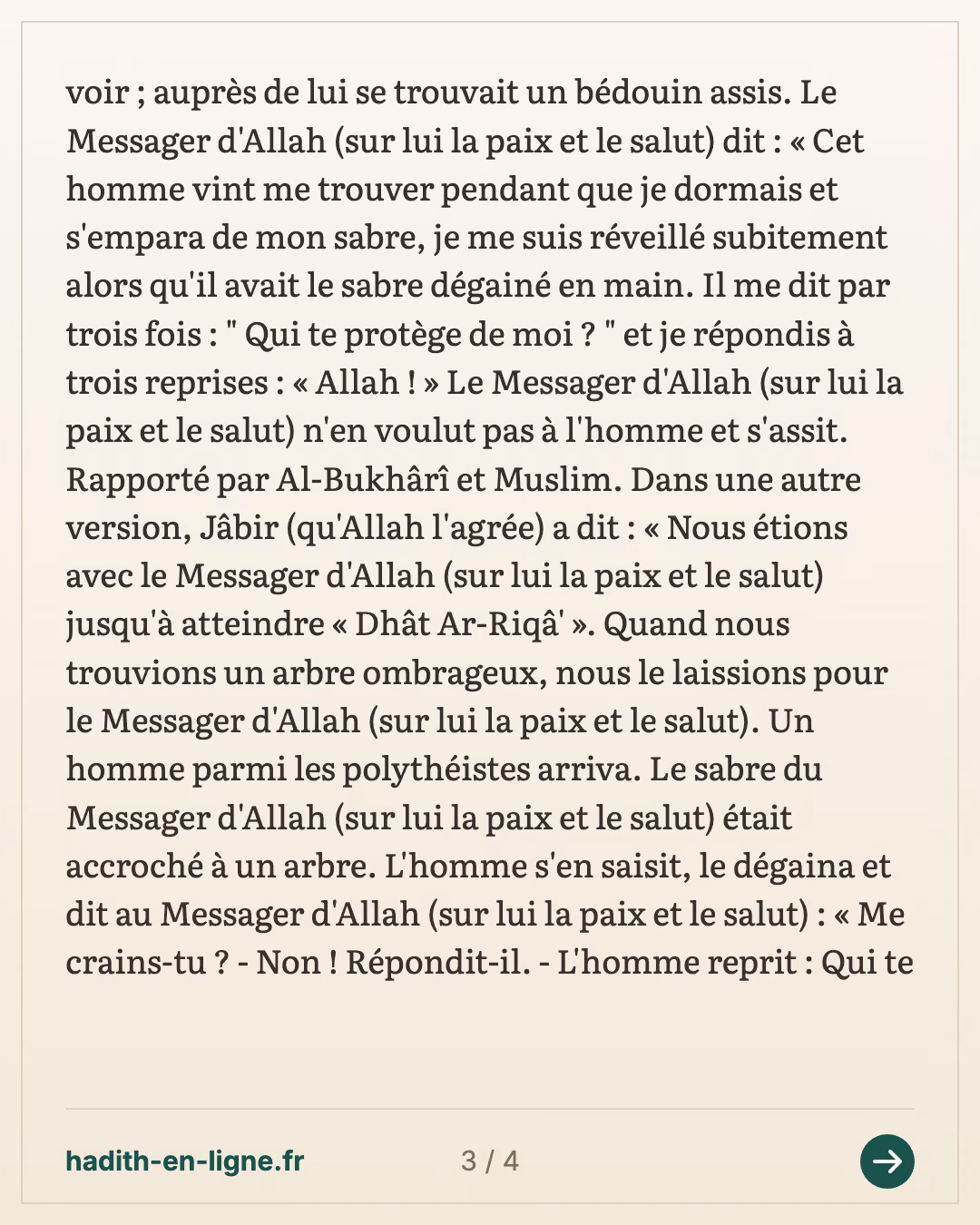 Jabir et l'expédition du Najd : la sieste dans la vallée d'arbres épineux — Rapporté par Al-Bukhârî et Muslim — carte 3 sur 4