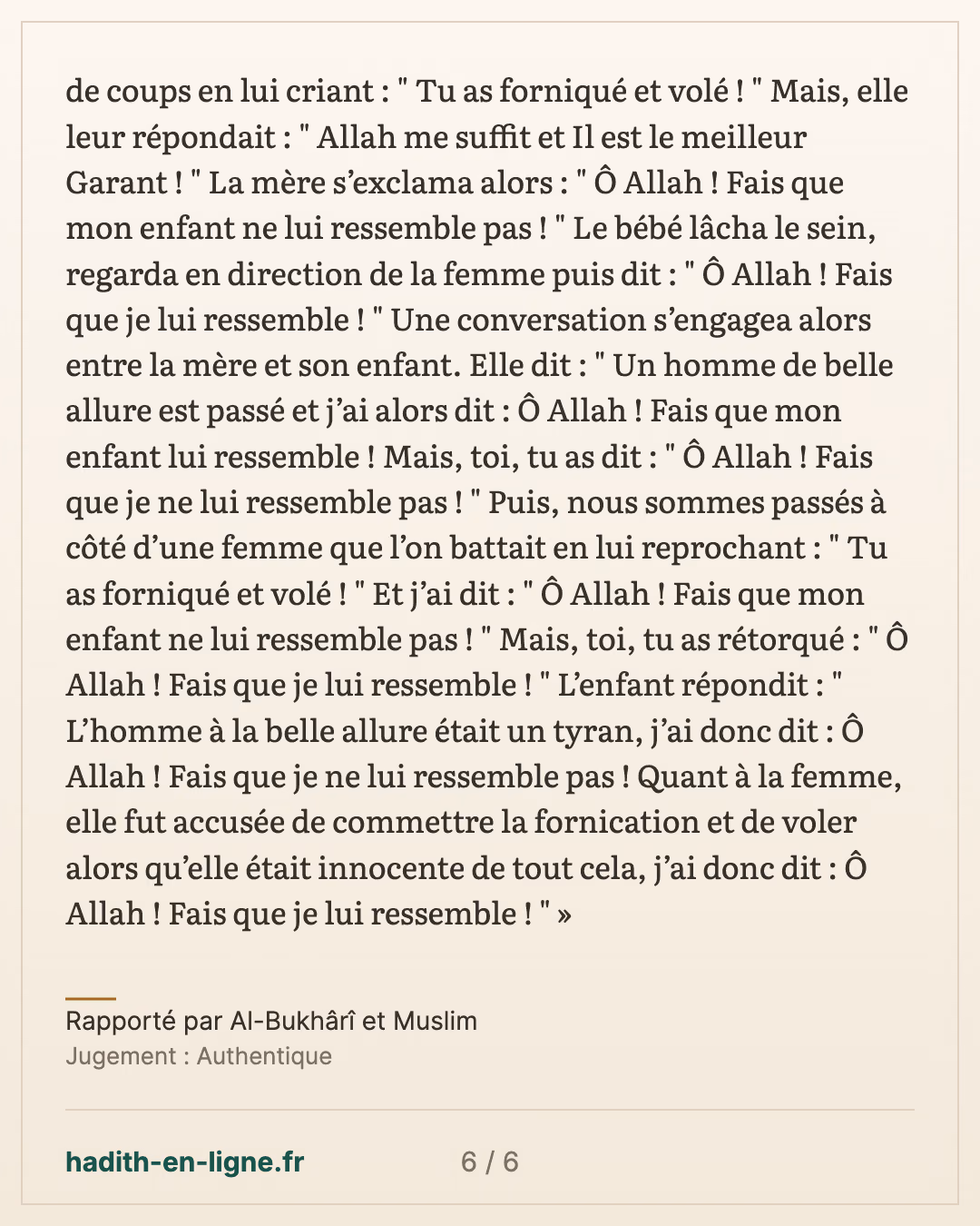 Nul n'a parlé au berceau, excepté trois — Rapporté par Al-Bukhârî et Muslim — carte 6 sur 6
