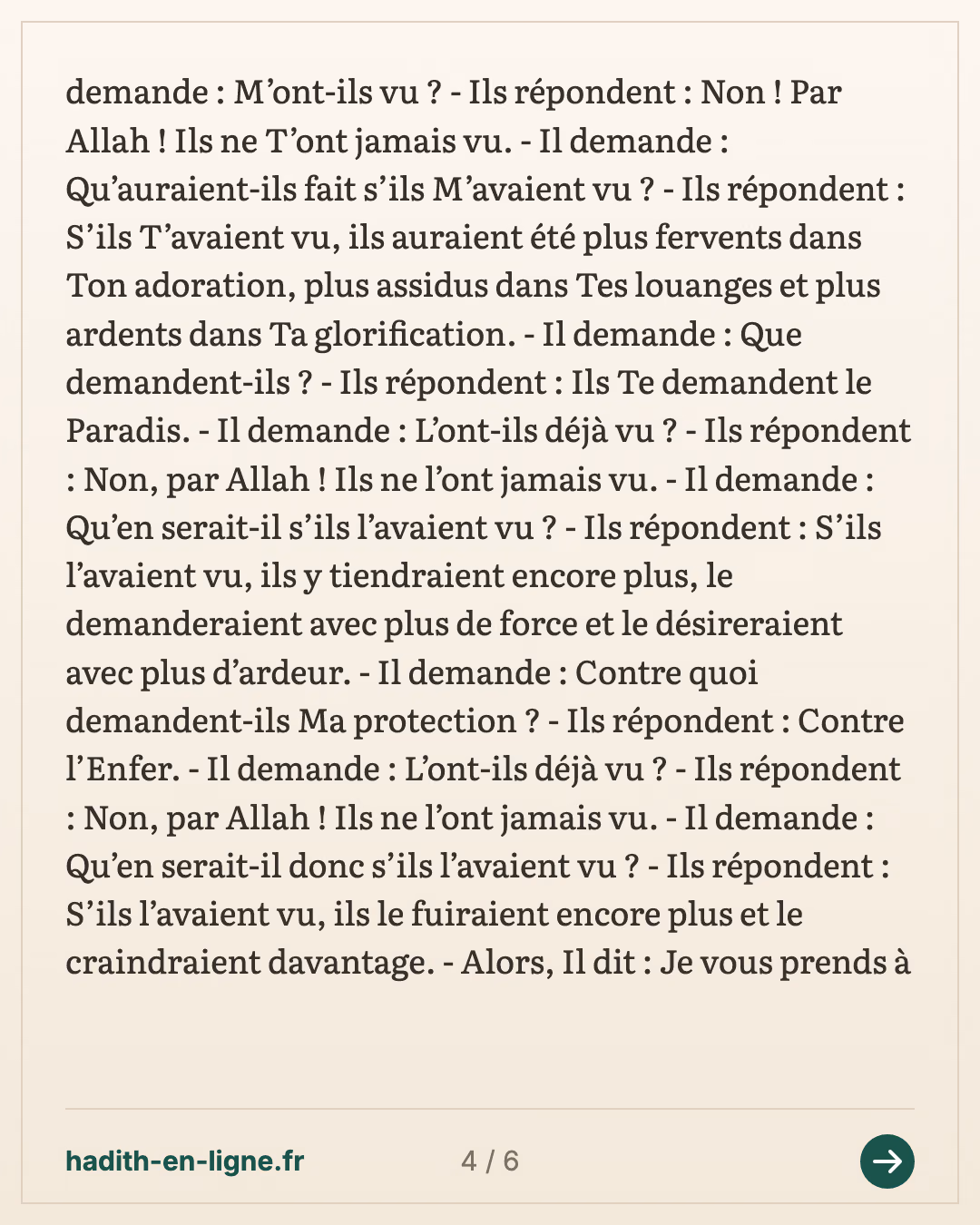 Des Hadiths concernant le mérite des assises du rappel. — Rapporté par Al-Bukhârî et Muslim — carte 4 sur 6