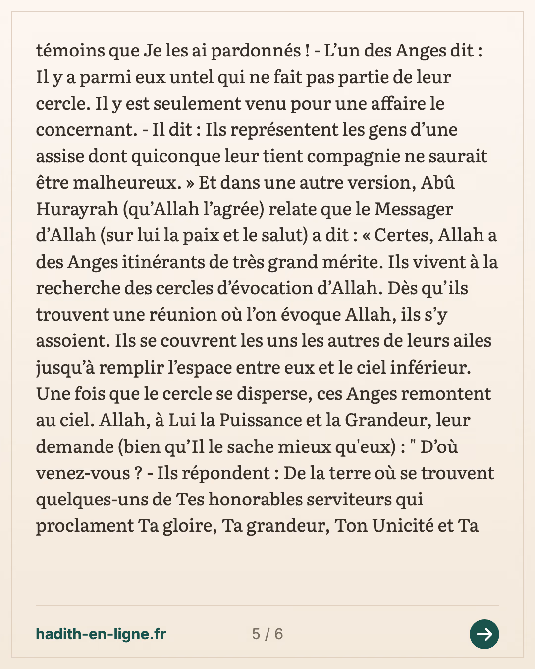 Des Hadiths concernant le mérite des assises du rappel. — Rapporté par Al-Bukhârî et Muslim — carte 5 sur 6