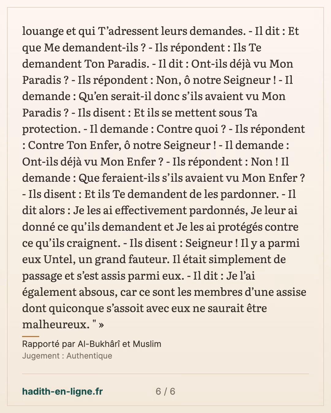 Des Hadiths concernant le mérite des assises du rappel. — Rapporté par Al-Bukhârî et Muslim — carte 6 sur 6