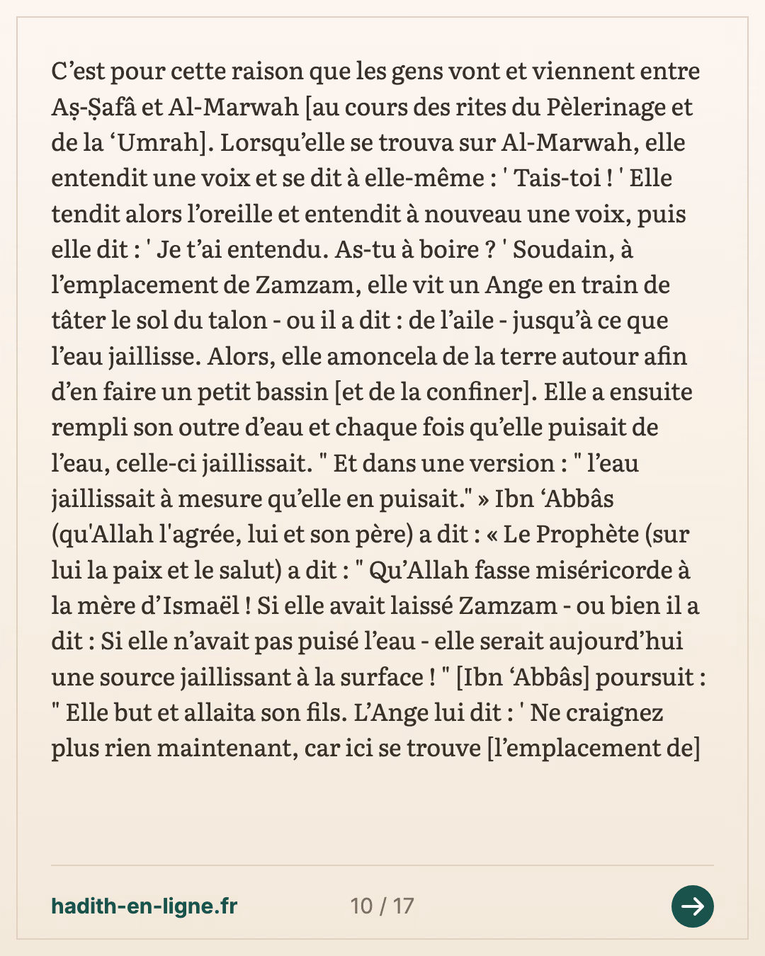 Abraham installe Hajar et Ismaël près de la Maison — Rapporté par Al-Bûkhârî — carte 10 sur 17
