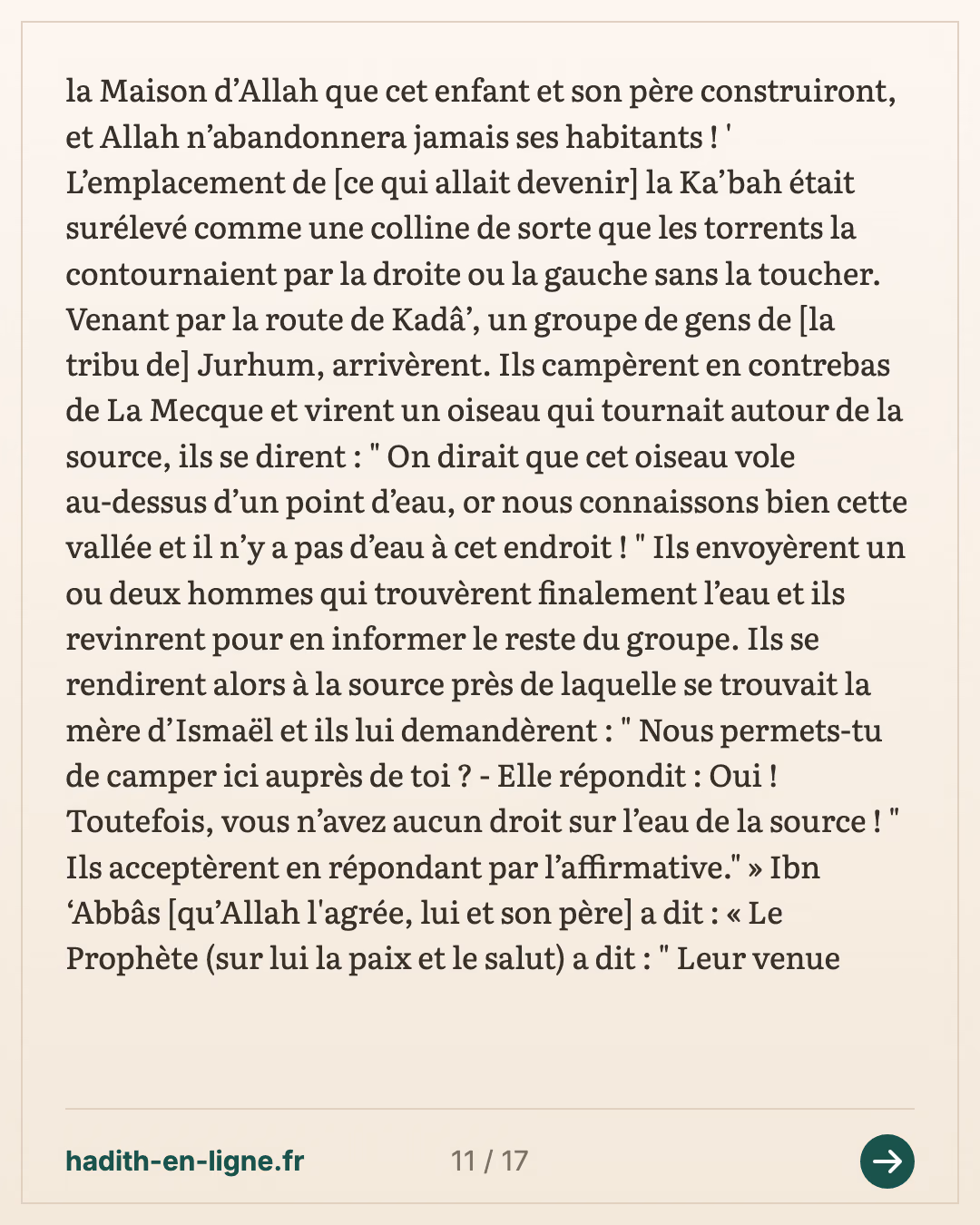 Abraham installe Hajar et Ismaël près de la Maison — Rapporté par Al-Bûkhârî — carte 11 sur 17