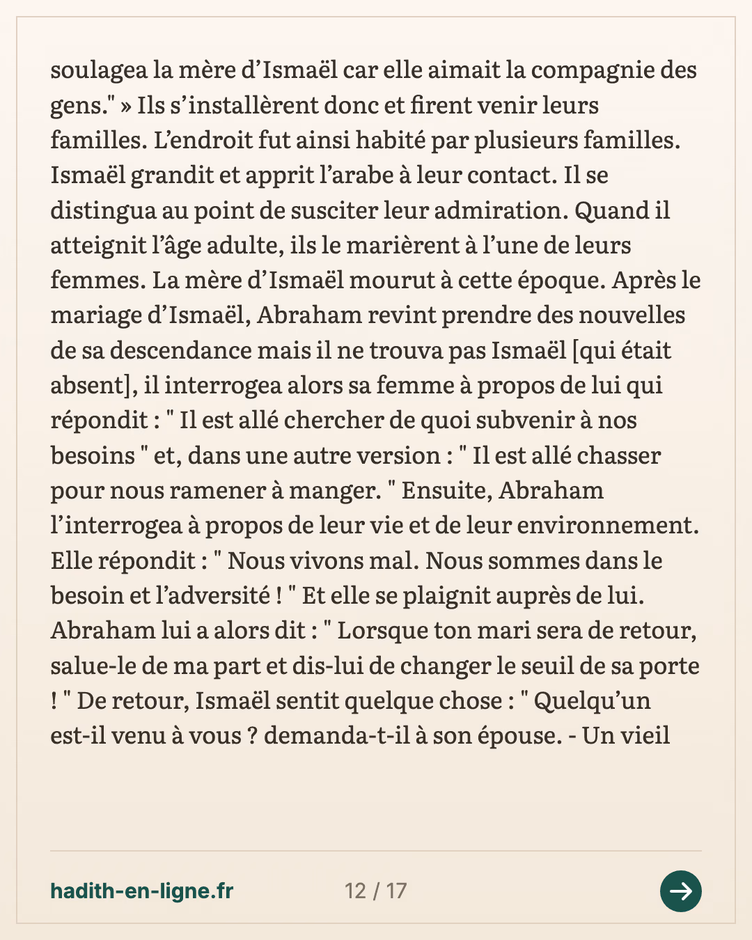 Abraham installe Hajar et Ismaël près de la Maison — Rapporté par Al-Bûkhârî — carte 12 sur 17