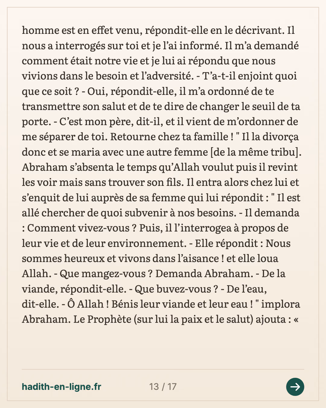 Abraham installe Hajar et Ismaël près de la Maison — Rapporté par Al-Bûkhârî — carte 13 sur 17