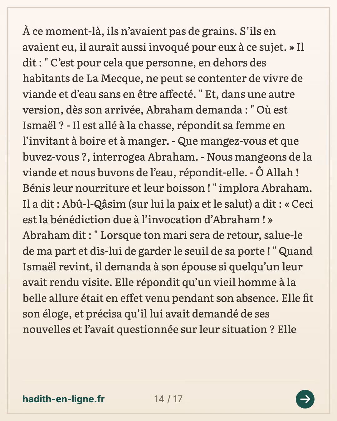Abraham installe Hajar et Ismaël près de la Maison — Rapporté par Al-Bûkhârî — carte 14 sur 17