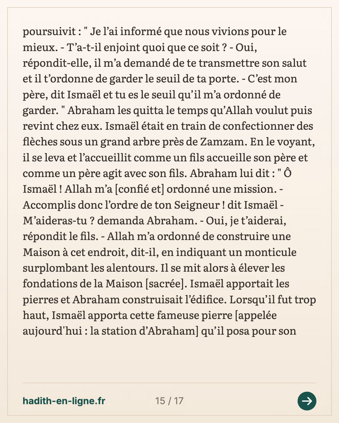 Abraham installe Hajar et Ismaël près de la Maison — Rapporté par Al-Bûkhârî — carte 15 sur 17