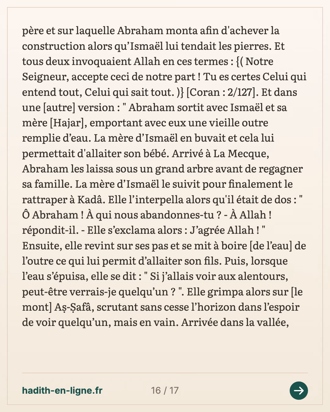 Abraham installe Hajar et Ismaël près de la Maison — Rapporté par Al-Bûkhârî — carte 16 sur 17