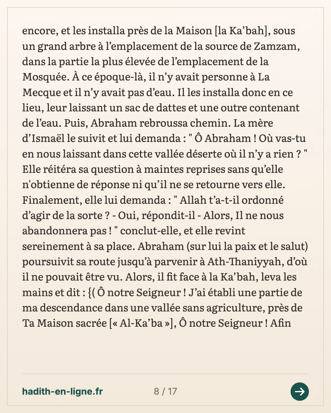 Abraham installe Hajar et Ismaël près de la Maison — Rapporté par Al-Bûkhârî — carte 8 sur 17