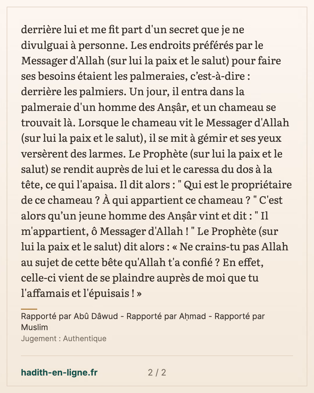 'Abdallah ibn Ja'far monté derrière le Prophète ﷺ et le secret gardé — Rapporté par Abû Dâwud - Rapporté par Aḥmad - Rapporté par Muslim — carte 2 sur 2