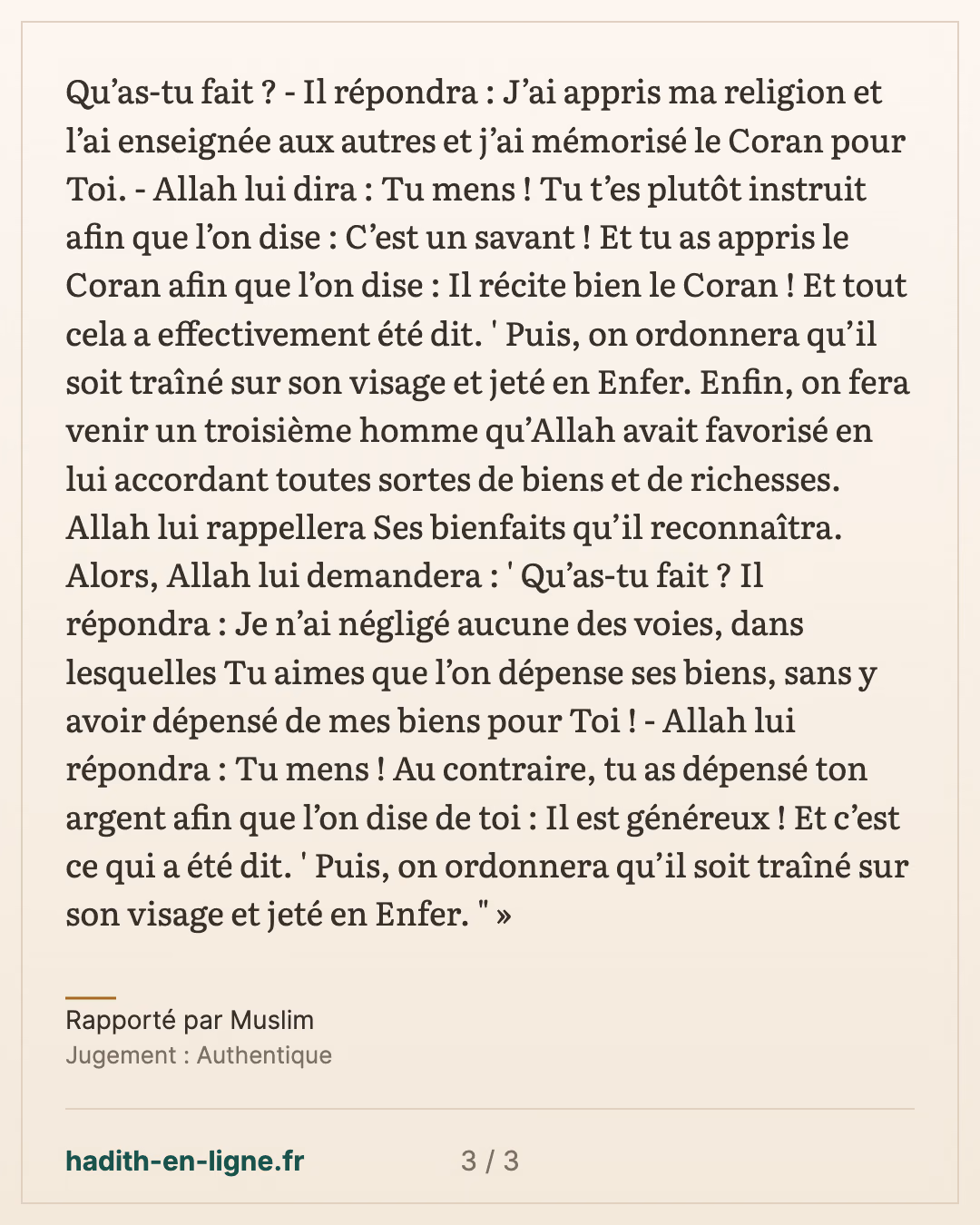 Le premier jugé au Jour de la Résurrection : l'homme mort en martyr — Rapporté par Muslim — carte 3 sur 3