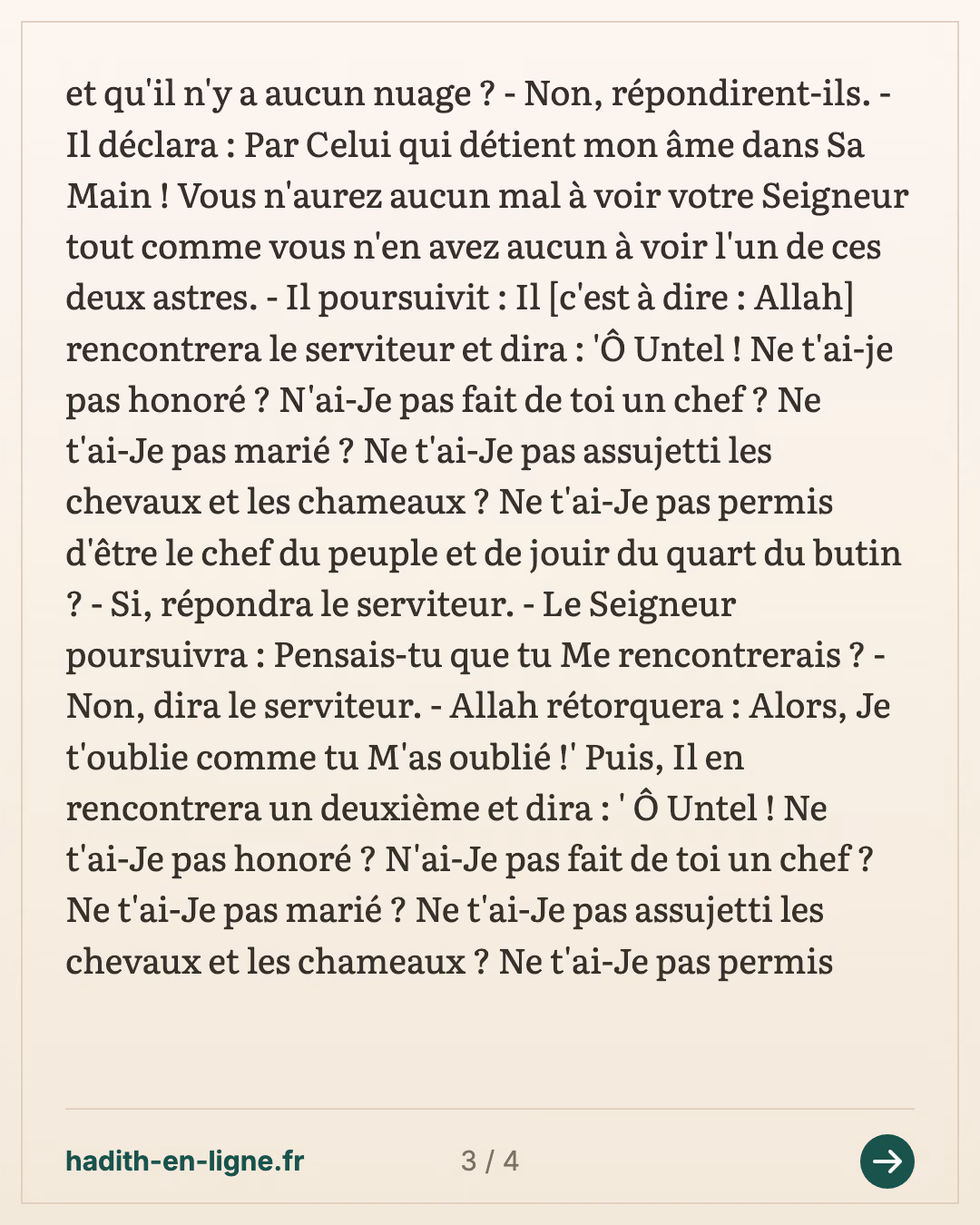 « Verrons-nous notre Seigneur ? » : le soleil à midi sans nuage — Rapporté par Muslim — carte 3 sur 4