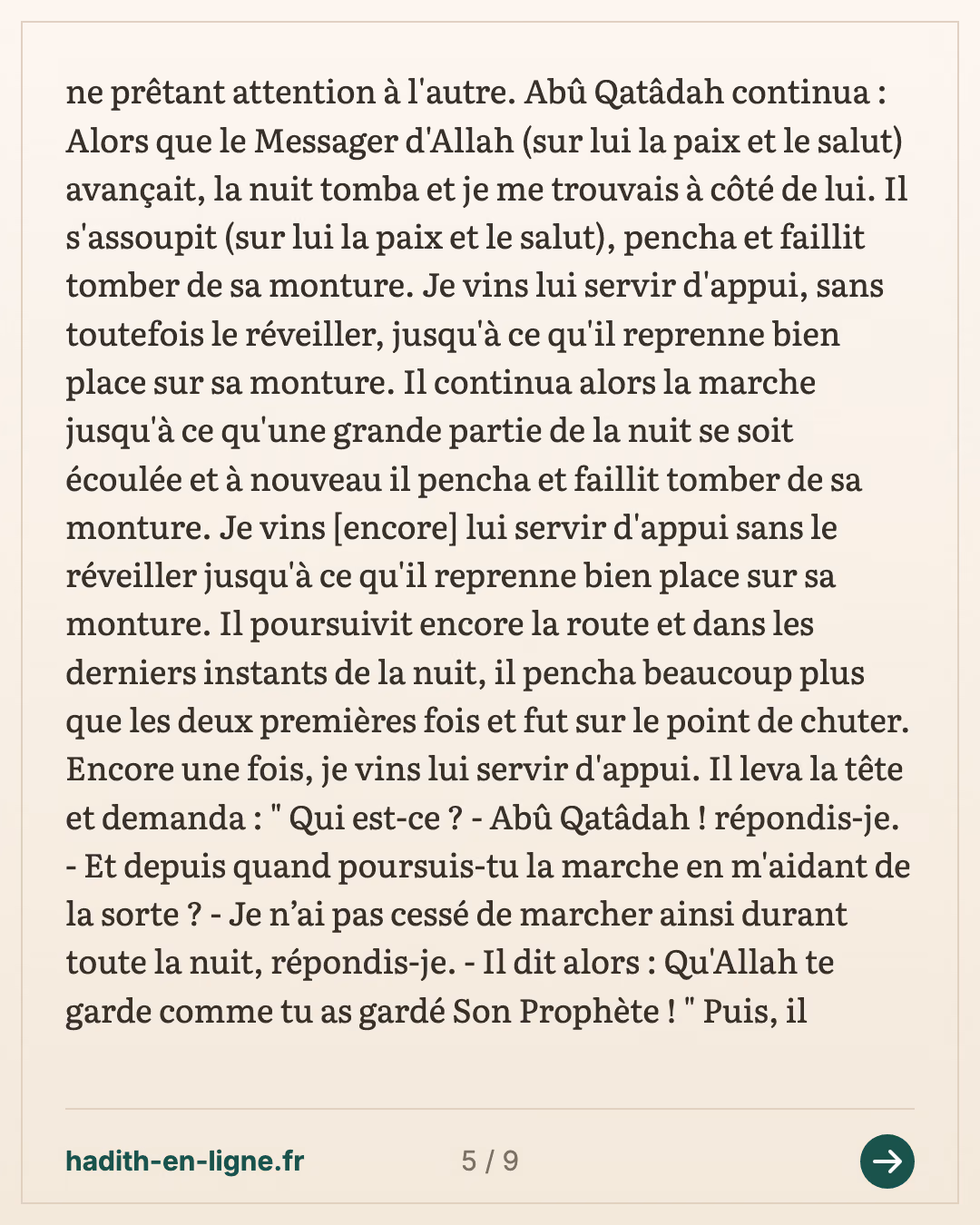 La marche jusqu'au point d'eau : « si Allah le veut, demain » — Rapporté par Al-Bukhârî et Muslim — carte 5 sur 9