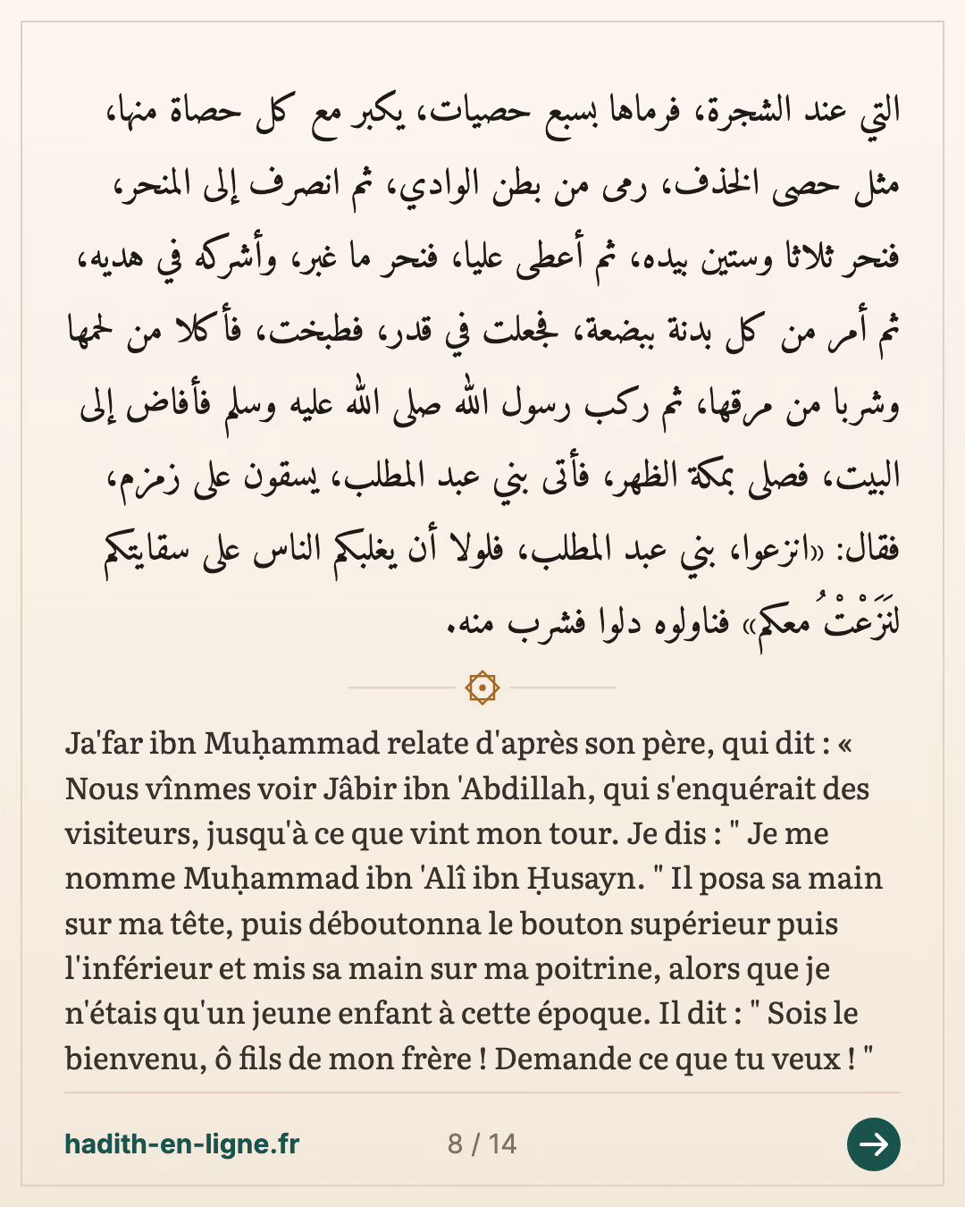 Jabir accueille Mouhammad ibn 'Ali ibn Houssayn : « Demande ce que tu veux ! » — Rapporté par Muslim — carte 8 sur 14