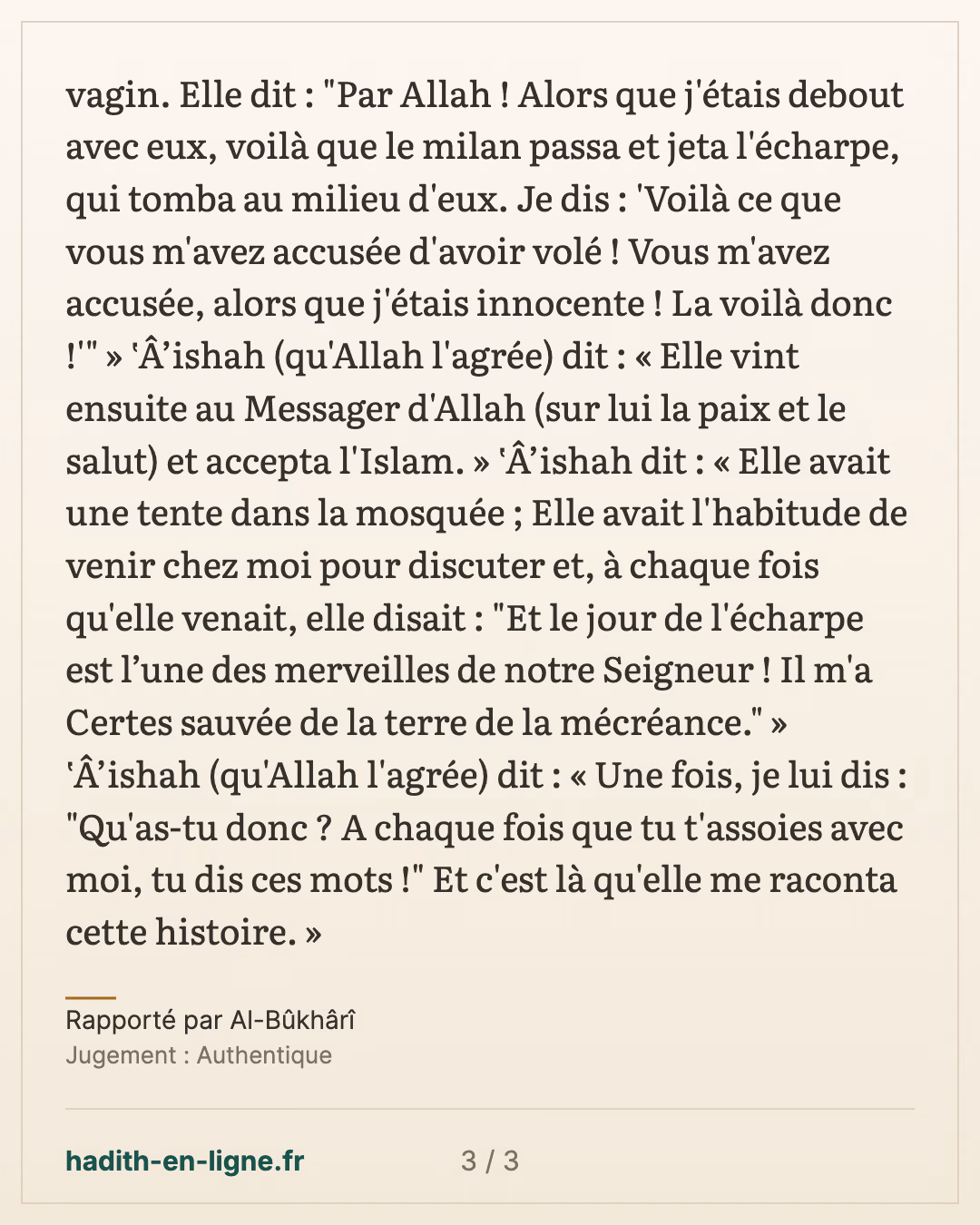 La servante noire accusée du vol d'une écharpe emportée par un milan — Rapporté par Al-Bûkhârî — carte 3 sur 3