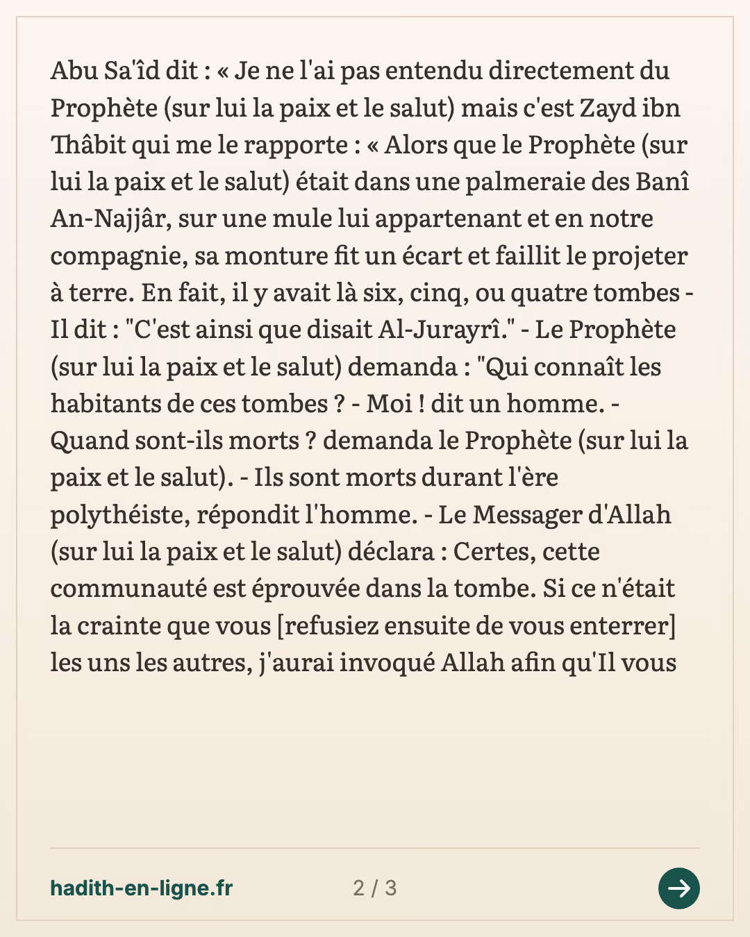 La mule effrayée près des tombes dans la palmeraie des Banou An-Najjar — Rapporté par Muslim — carte 2 sur 3