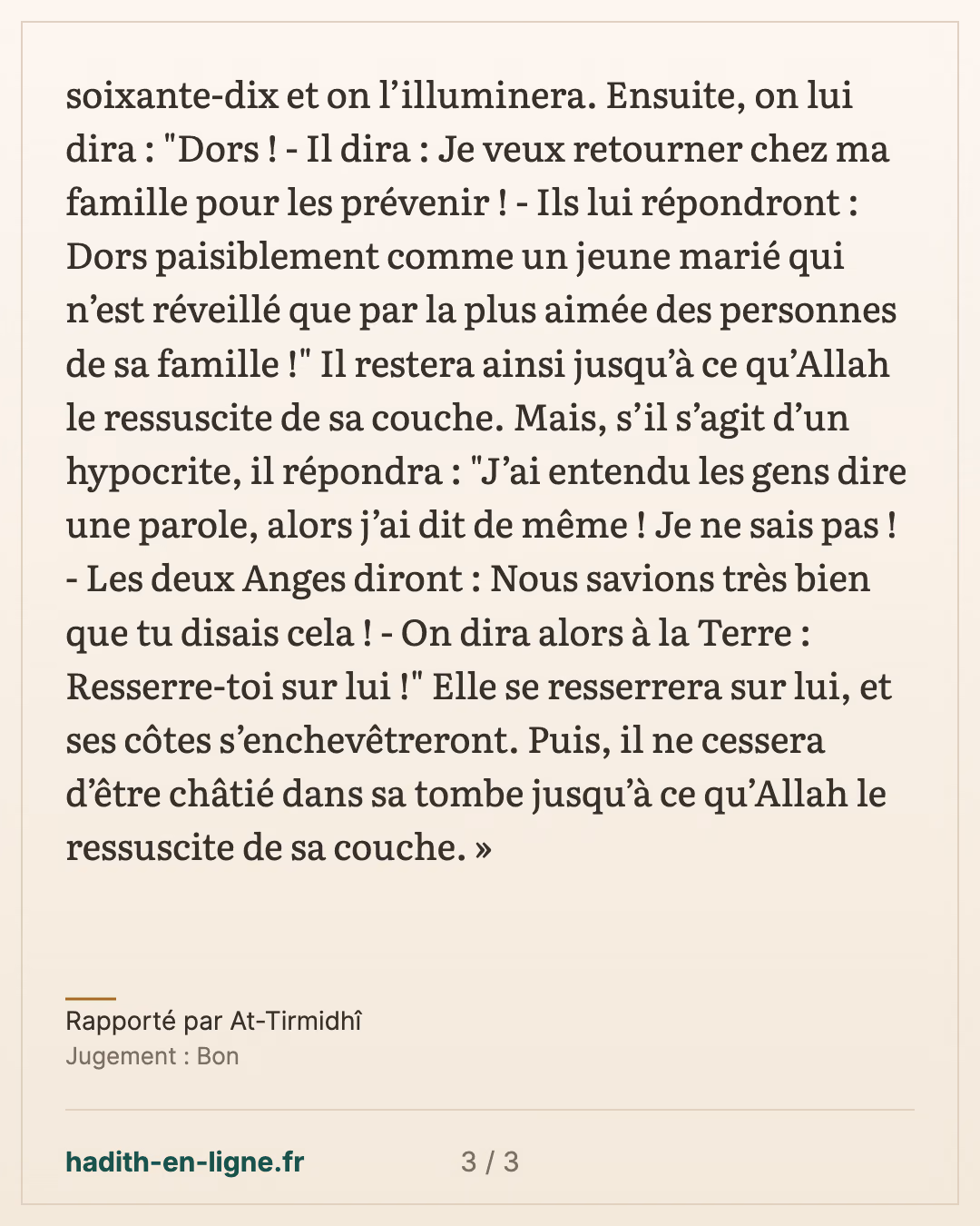Description d'une partie de la félicité dans la tombe et de son châtiment. — Rapporté par At-Tirmidhî — carte 3 sur 3