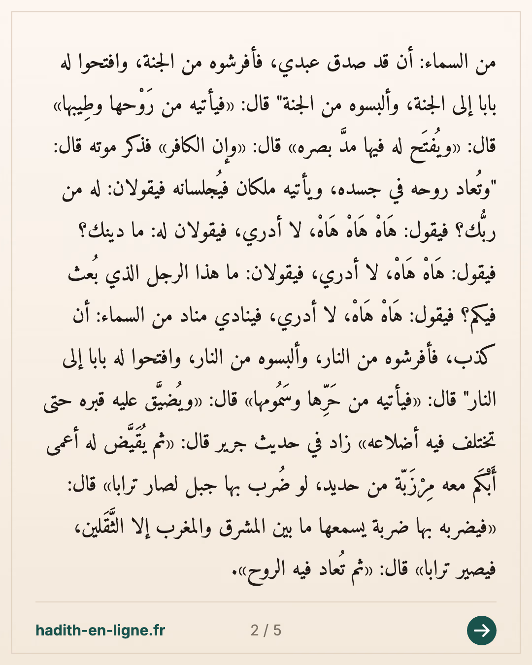 La félicité et le châtiment de la tombe, d'après al-Bara' ibn 'Azib — Rapporté par Abû Dâwud - Rapporté par Aḥmad — carte 2 sur 5