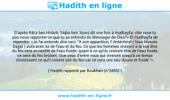 Une image avec le hadith : D'après Rib'y ben Hirâch, 'Uqba ben 'Amrû dit une fois à Hudhayfa: «Ne veux-tu pas nous rapporter ce que tu as entendu du Messager de Dieu?» Et Hudhayfa de répondre: «Je l'ai entendu dire ceci: "A son apparition, l' Antéchrist ( faux Messie Dajjal ) aura avec lui de l'eau et du feu. Ce que les hommes croiront à la vue être du feu sera en réalité de l'eau froide; quant à ce qu'ils croiront être de l'eau froide, ce sera du feu brûlant. Que ceux d'entre vous qui viveront jusqu'à ce temps choisissent ce qu'il croient voir du feu car ce sera une eau douce et froide."» Hadith rapporté par Boukhari (n°3450)