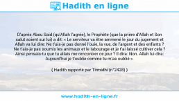 Une image avec le hadith : D’après Abou Said (qu’Allah l’agrée), le Prophète (que la prière d’Allah et Son salut soient sur lui) a dit: « Le serviteur va être ammené le jour du jugement et Allah va lui dire: Ne t’ais-je pas donné l’ouie, la vue, de l’argent et des enfants ? Ne t’ais-je pas soumis les animaux et le labourage et je t’ai laissé cultiver cela ? Ainsi pensais-tu que tu allais me rencontrer ce jour ? Il dira: Non. Allah lui dira: Aujourd’hui je t’oublie comme tu m’as oublié ». Hadith rapporté par Tirmidhi (n°2428)