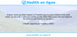 Une image avec le hadith : D'après 'Aicha (qu'Allah l'agrée), le Prophète (que la prière d'Allah et Son salut soient sur lui) a dit: « Celui qui comble un vide Allah l'élève pour cela d'un degré et lui construit une maison au paradis ». Hadith rapporté par Targhib (n°505)