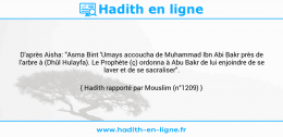 Une image avec le hadith : D'après Aisha: "Asma Bint 'Umays accoucha de Muhammad Ibn Abi Bakr près de l'arbre à (Dhûl Hulayfa). Le Prophète (ç) ordonna à Abu Bakr de lui enjoindre de se laver et de se sacraliser". Hadith rapporté par Mouslim (n°1209)