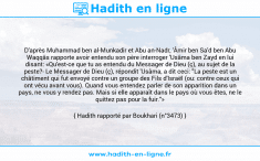 Une image avec le hadith : D'après Muhammad ben al-Munkadir et Abu an-Nadr, 'Âmir ben Sa'd ben Abu Waqqâs rapporte avoir entendu son père interroger 'Usâma ben Zayd en lui disant: «Qu'est-ce que tu as entendu du Messager de Dieu (ç), au sujet de la peste?- Le Messager de Dieu (ç), répondit 'Usâma, a dit ceci: "La peste est un châtiment qui fut envoyé contre un groupe des Fils d'Israël (ou: contre ceux qui ont vécu avant vous). Quand vous entendez parler de son apparition dans un pays, ne vous y rendez pas. Mais si elle apparaît dans le pays où vous êtes, ne le quittez pas pour la fuir."» Hadith rapporté par Boukhari (n°3473)