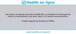 Une image avec le hadith : Abu Ishâq: J'ai entendu 'Amrû ben al-Hârith dire: «Le Prophète n'a laissé que ses armes, sa mule blanche et une terre; celle-ci, il l'a laissée comme aumône.» Hadith rapporté par Boukhari (n°3098)