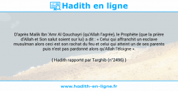Une image avec le hadith : D'après Malik Ibn 'Amr Al Qouchayri (qu'Allah l'agrée), le Prophète (que la prière d'Allah et Son salut soient sur lui) a dit : « Celui qui affranchit un esclave musulman alors ceci est son rachat du feu et celui qui atteint un de ses parents puis n'est pas pardonné alors qu'Allah l'éloigne ». Hadith rapporté par Targhib (n°2496)