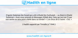Une image avec le hadith : D’aprés Sulaiman ibn Surad qui a dit à Khalid ibn Ourfoutah – ou (bien) à Khalid Sulaiman « Avez-vous entendu le Messager d’Allah dire: Celui qui est tué (*) par son ventre ne sera point châtié dans sa tombe? » L’un d’eux dit à l’autre: « Oui. » Hadith rapporté par Tirmidhi (n°1064)