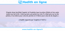 Une image avec le hadith : D'après Anas (qu'Allah l'agrée), le Prophète (que la prière d'Allah et Son salut soient sur lui) a dit « Celui qui prie une prière sur moi (*), Allah prie sur lui dix prières, il lui enlève pour cela dix péchés et il l'élève pour cela de dix degrés ». Hadith rapporté par Targhib (n°1657)