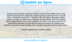 Une image avec le hadith : D'après Anas (qu'Allah l'agrée), le Prophète (que la prière d'Allah et Son salut soient sur lui) est entré auprès d'un jeune qui était en train de mourir, il lui dit alors: « Comment te sens-tu? ». Le jeune a dit: Par Allah ô Messager d'Allah, certes j'ai espoir en Allah et j'ai certes peur de mes péchés. Alors le Prophète (que la prière d'Allah et Son salut soient sur lui) a dit: « Ces deux choses ne se rassemblent pas dans le coeur d'un serviteur au moment de l'agonie sans qu'Allah ne lui donne ce qu'il espère et lui accorde la sécurité contre ce qu'il craint ». Hadith rapporté par Tirmidhi (n°983)