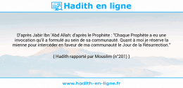 Une image avec le hadith : D'après Jabir Ibn 'Abd Allah: d'après le Prophète : "Chaque Prophète a eu une invocation qu'il a formulé au sein de sa communauté. Quant à moi je réserve la mienne pour intercéder en faveur de ma communauté le Jour de la Résurrection." Hadith rapporté par Mouslim (n°201)