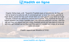Une image avec le hadith : D'après 'Aïcha (raa), a dit : "Quand le Prophète (paix et bénédiction de Dieu sur lui) se lavait à la suite du coït, il commençait par se laver les mains, puis de sa main droite, puisait de l'eau qu'il versait dans sa main gauche pour laver sa verge. Ensuite, il faisait ses ablutions comme pour la prière. Puis, il prenait de l'eau et faisait pénétrer ses doigts humides dans ses cheveux jusqu'aux racines. Une fois sûr que l'eau eut atteint tout son corps, il puisait encore de l'eau dans le creux de sa main, qu'il versait sur sa tête trois fois, puis en inondait son corps, et se lavait, enfin, les pieds". Hadith rapporté par Mouslim (n°316)