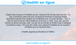 Une image avec le hadith : D'après Abu Hurayra, le Prophète (ç) dit: «Salomon fils de David dit une fois: "Je vais commercer cette nuit avec soixante-dix femmes et chacune d'elles deviendra enceinte d'un cavalier qui combattra pour la cause de Dieu. - Dis: si Dieu le veut! lui dit-on." Mais Salomon ne dit pas: si Dieu veut, d'où aucune femme ne devint enceinte, sauf une qui mit au monde un enfant à qui il manquait la moitié du corps. «S'il avait dit si Dieu veut, ajouta le Prophète (ç), ils auraient combattu pour la cause de Dieu.» Hadith rapporté par Boukhari (n°3424)