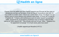 Une image avec le hadith : D'après Anas Ibn Mâlik (que Dieu l'agrée) rapporte que l'Envoyé de Dieu (paix et bénédiction de Dieu sur lui) étant tombé de cheval, s'écorcha le côté droit. Et nous d'aller lui rendre visite. L'heure de la prière étant venue, il la dirigea tout en restant assis et nous-mêmes nous priâmes étant assis. A l'issue de la prière, le Prophète dit : "L'imam a été institué pour qu'on le suive. Quand il prononce le takbîr, prononcez-le; s'il prosterne, prosternez-vous, et lorsqu'il relève la tête, relevez-la. Enfin, quand il dit : "Dieu écoute celui qui Le loue", dites : "Seigneur et à Toi appartient la louange". Et s'il prie assis, priez tous assis". Hadith rapporté par Mouslim (n°411)