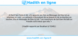 Une image avec le hadith : Al-Barâ' ben 'Âzib (r) dit: «On apporta une fois au Messager de Dieu (ç) un vêtement en soie. Les présents s'étonnèrent de sa beauté et de sa douceur au toucher, d'où le Messager de Dieu (ç) dit: "Les mouchoirs de Sa'd ben Mu'âdh au Paradis sont mieux que cela."» Hadith rapporté par Boukhari (n°3249)