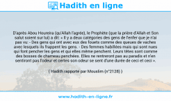 Une image avec le hadith : D'après Abou Houreira (qu'Allah l'agrée), le Prophète (que la prière d'Allah et Son salut soient sur lui) a dit: « Il y a deux catégories des gens de l'enfer que je n'ai pas vu: - Des gens qui ont avec eux des fouets comme des queues de vaches avec lesquels ils frappent les gens. - Des femmes habillées mais qui sont nues qui font pencher les gens et qui elles même penchent. Leurs têtes sont comme des bosses de chameau penchées. Elles ne rentreront pas au paradis et n'en sentiront pas l'odeur et certes son odeur se sent d'une durée de ceci et ceci ». Hadith rapporté par Mouslim (n°2128)