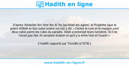 Une image avec le hadith : D'après 'Abdallah Ibn 'Amr Ibn Al 'As (qu'Allah les agrée), le Prophète (que la prière d'Allah et Son salut soient sur lui) a dit: « Certes le coin et le maqam sont deux rubis parmi les rubis du paradis. Allah a estompé leurs lumières. Si il ne l'avait pas fait, ils auraient éclairé ce qu'il y a entre l'est et l'ouest ». Hadith rapporté par Tirmidhi (n°878)